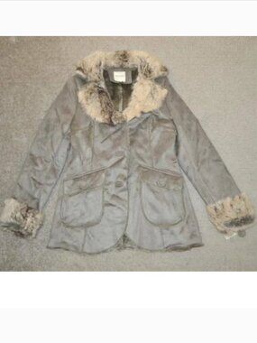 Sonoma Winter Coat Womens S Suede Gray Sherpa Lined Button Up Fx Fur $150